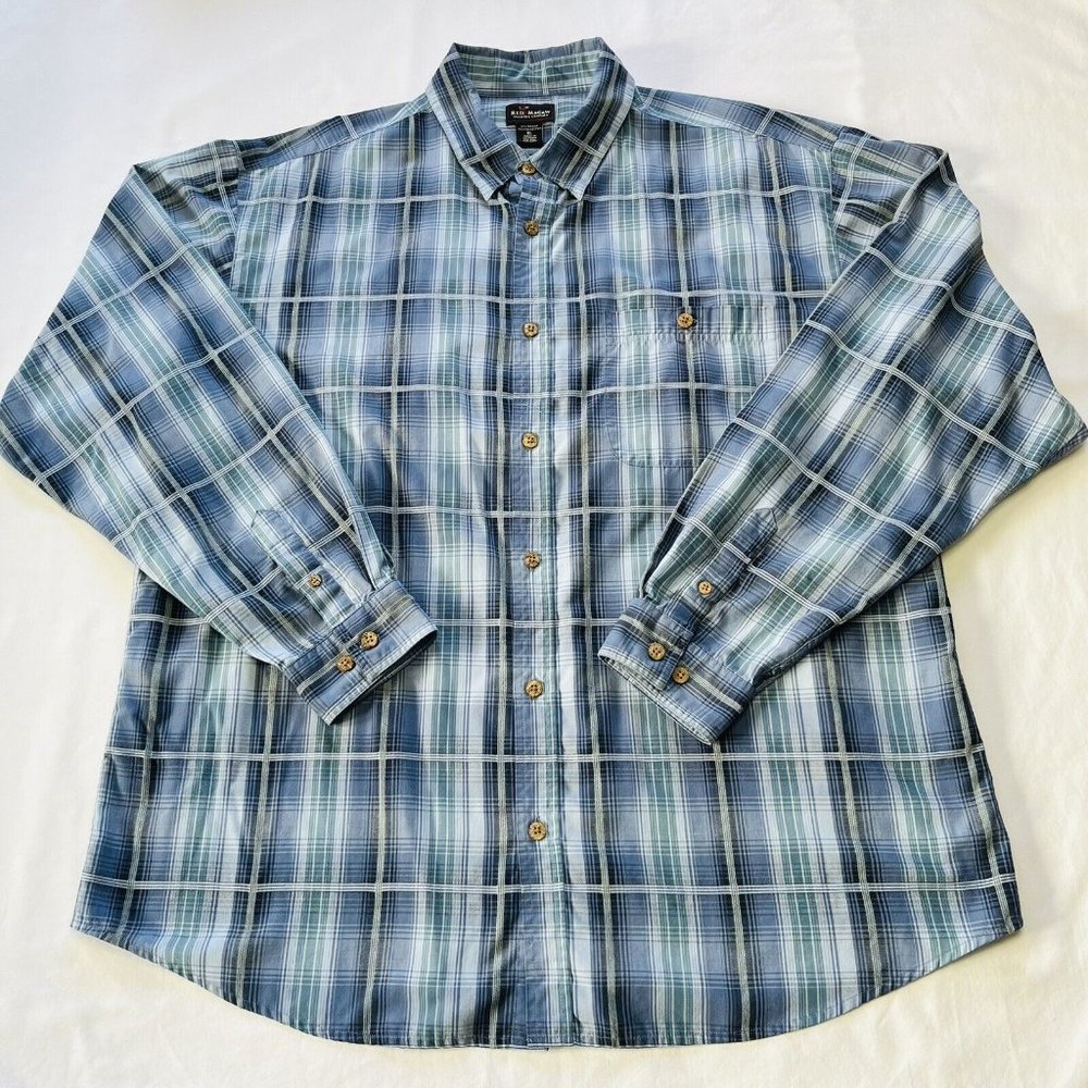 Red Macaw Mens Long Sleeve Button Down Shirt Size XL Rayon Polyester Blue Plaid